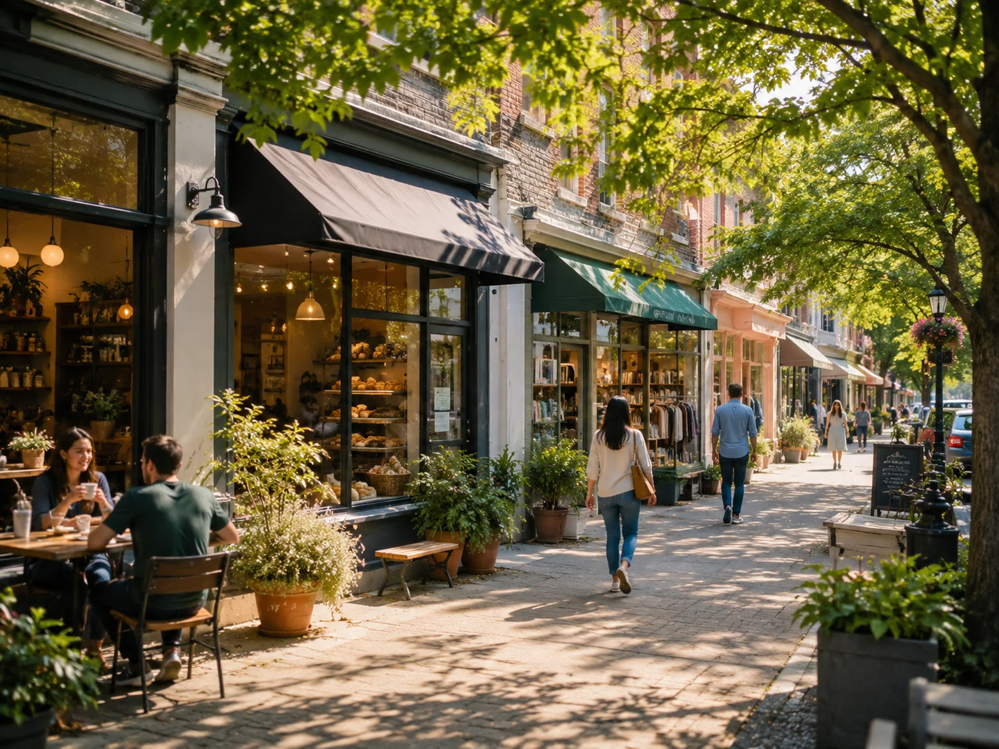 Sunny pedestrian street with storefronts outdoor cafe seating and potted plants under leafy trees