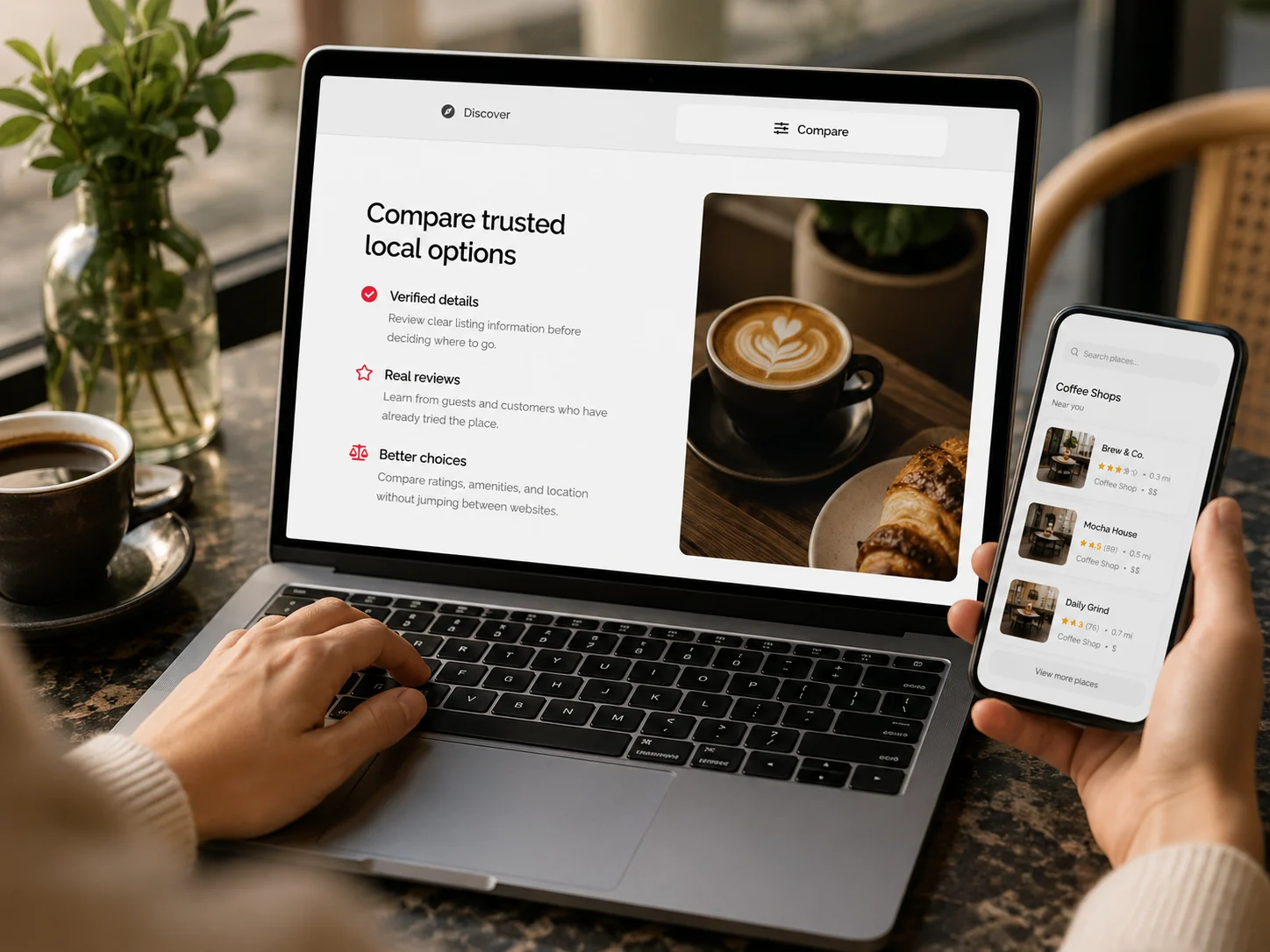 Laptop screen shows a local options comparison panel with the text Compare trusted local options a coffee cup and pastry sit on the desk and a hand holds a phone listing nearby coffee shops