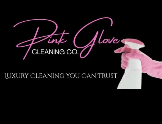 Pink Glove Cleaning Co logo with pink script text and a pink gloved hand spraying a bottle tagline Luxury Cleaning You Can Trust