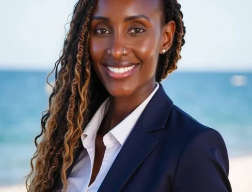 Professional portrait of a smiling woman in a navy blazer at the beach with blue sea behind her.